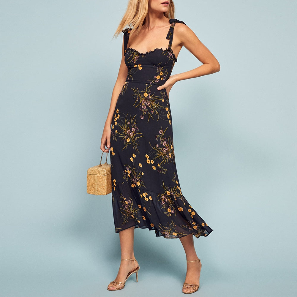 sixsr Dresses For Women Elegant Vintage Floral Dress Frill Sweetheart Neck Sleeveless Strap Tie Ruffle Hem Summer Beach Dress