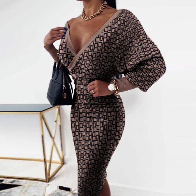Sixsr Women Deep V-Neck Striped Plaid Party Dress Long Sleeve Spring Autumn Casual Ladies Hip Dress Skinny Sweet Streetwear Vestidos