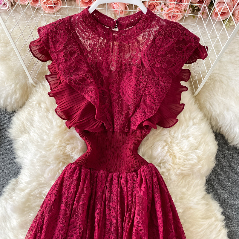 Sixsr Vintage Purple/Green/Red Lace Midi Dress Women Sweet Round Neck Ruffle Vestidos Female High Waist Slim Robe Spring Autumn