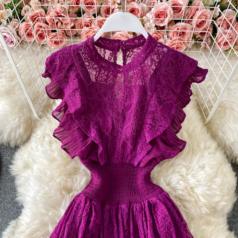 Sixsr Vintage Purple/Green/Red Lace Midi Dress Women Sweet Round Neck Ruffle Vestidos Female High Waist Slim Robe Spring Autumn