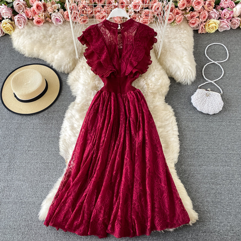 Sixsr Vintage Purple/Green/Red Lace Midi Dress Women Sweet Round Neck Ruffle Vestidos Female High Waist Slim Robe Spring Autumn
