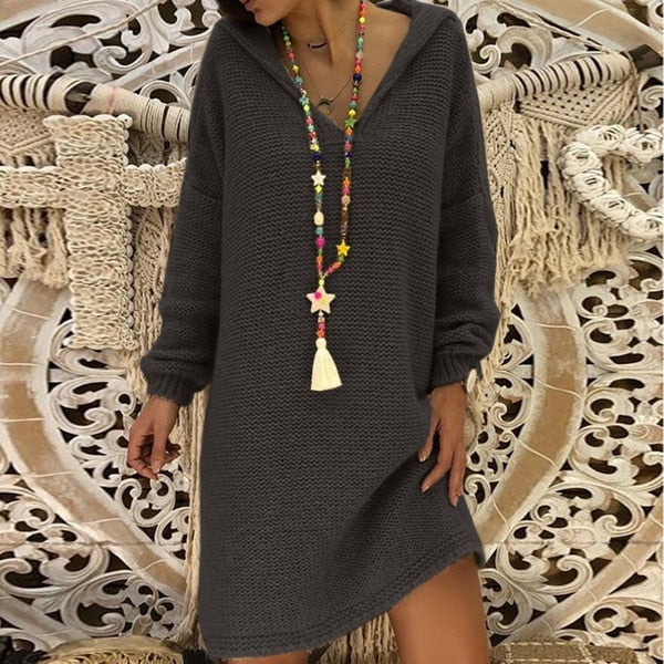 Sixsr Sweater Dress Women Hooded Collar Long Sleeve V-neck Pure Color Knitted Pullover Spring Autumn Oversize Sweaters Pullovers