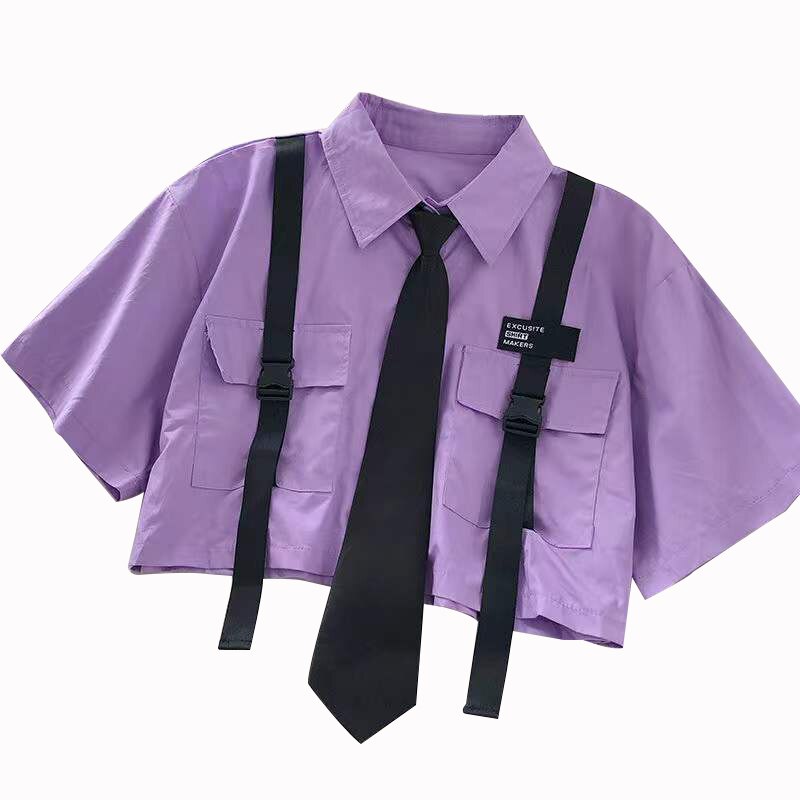 sixsr Spring Outfits Trends Harajuku Women Shirts And Blouses Feminine Tie Pocket Top Casual White Turn-down Collar OL Style Female Blouses Streetwear