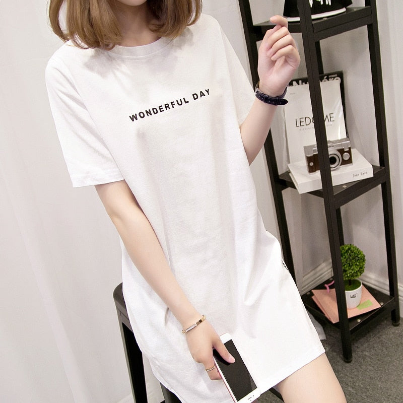 Sixsr Fashion Trends Plus size Wonderful Day Print Long T shirts Summer Women Loose Slit Femme Tops Cotton Tshirt Short sleeve Ladies t-shirt