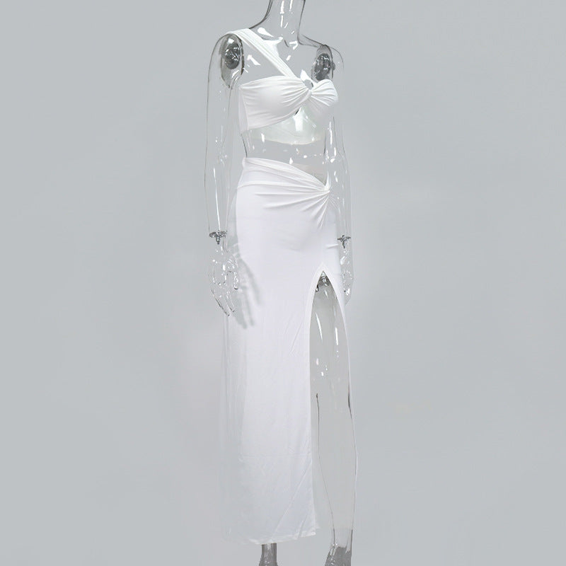 sixsr Fashion Trends Sexy Strapless Wrap Top and Split Maxi Skirts Fall Sleeveless Outfit Two Piece Set Night Club Party Matching Set