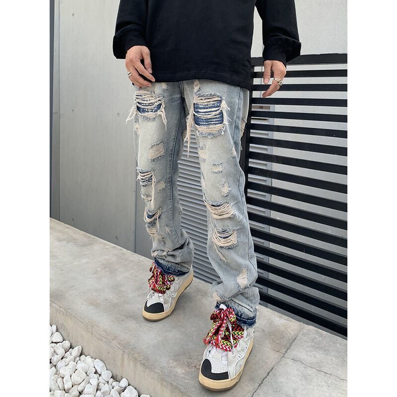 Original Ripped Jeans for Men Vintage Wash Hole Loose Micro Horn Jeans Trousers High Street Men Clothing Streetwear Denim Pants