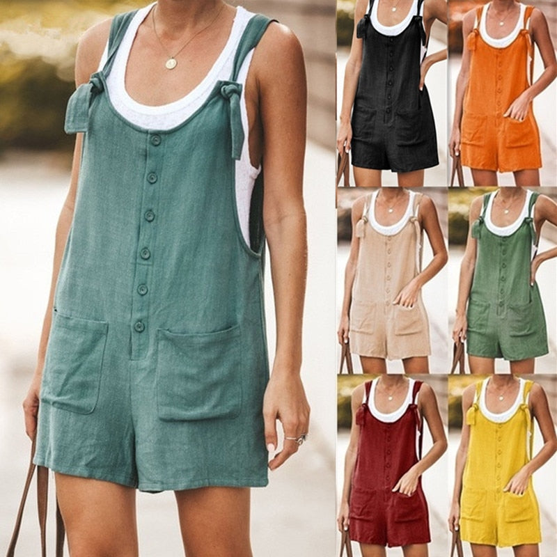 Sixsr Summer Women Sleeveless Overalls Elegant Jumpsuits Romper Casual Vintage Ladies Short Pants Cotton and linen Wide Leg Pants