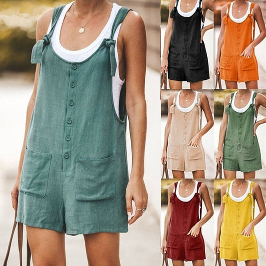 Sixsr Summer Women Sleeveless Overalls Elegant Jumpsuits Romper Casual Vintage Ladies Short Pants Cotton and linen Wide Leg Pants