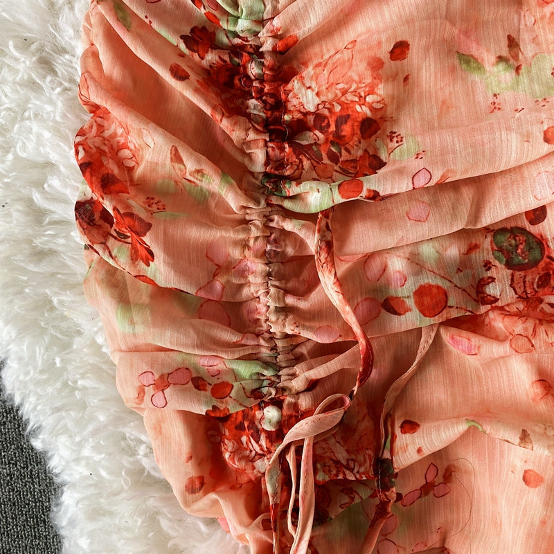 Vintage V-Neck Printed Chiffon Drawstring Mermaid Midi Dress Women Elegant High Waist Ruffle Vestidos Fashion Spring Summer