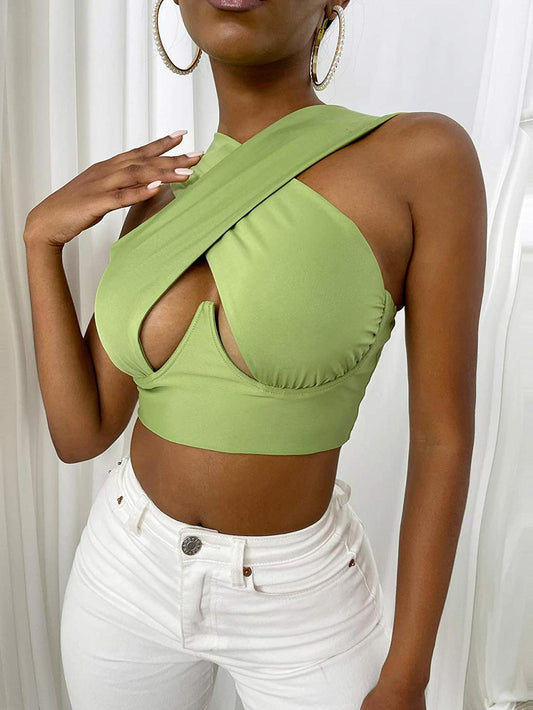 sixsr Women's Criss Cross Tank Tops Sexy Sleeveless Solid Color Cutout Front Crop Tops Party Club Streetwear Summer Lady Bustier Tops