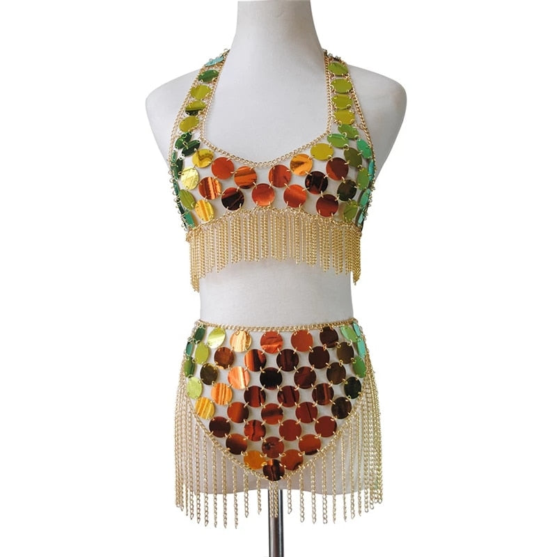 Sixsr Trends Fashion Gradient Color Shiny Sequins Dots Two Piece Set Low Cut Backless Sleeveless Crop Tops Tassel Mini Skirt Sexy Beach Outfits