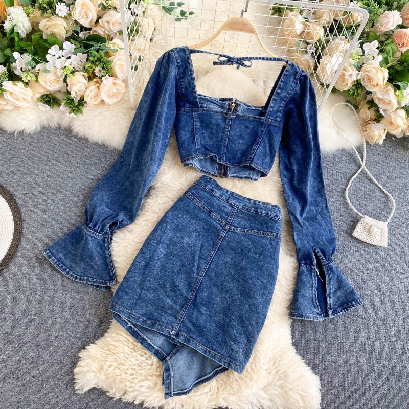 Sixsr Trends high quality Spring Autumn Two Piece Set Women Sexy Jeans 2 Two Piece Set Long Sleeve Crop Tops And Bodycon Short Denim Skirt Suits for Woman