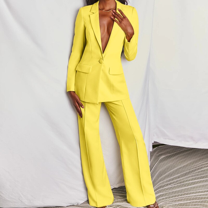 Sixsr Women's Coats Blue Long Sleeves Workwear Outfits Female Solid Office Formal Chic Pockets Summer pants Sets Conjunto Femenino