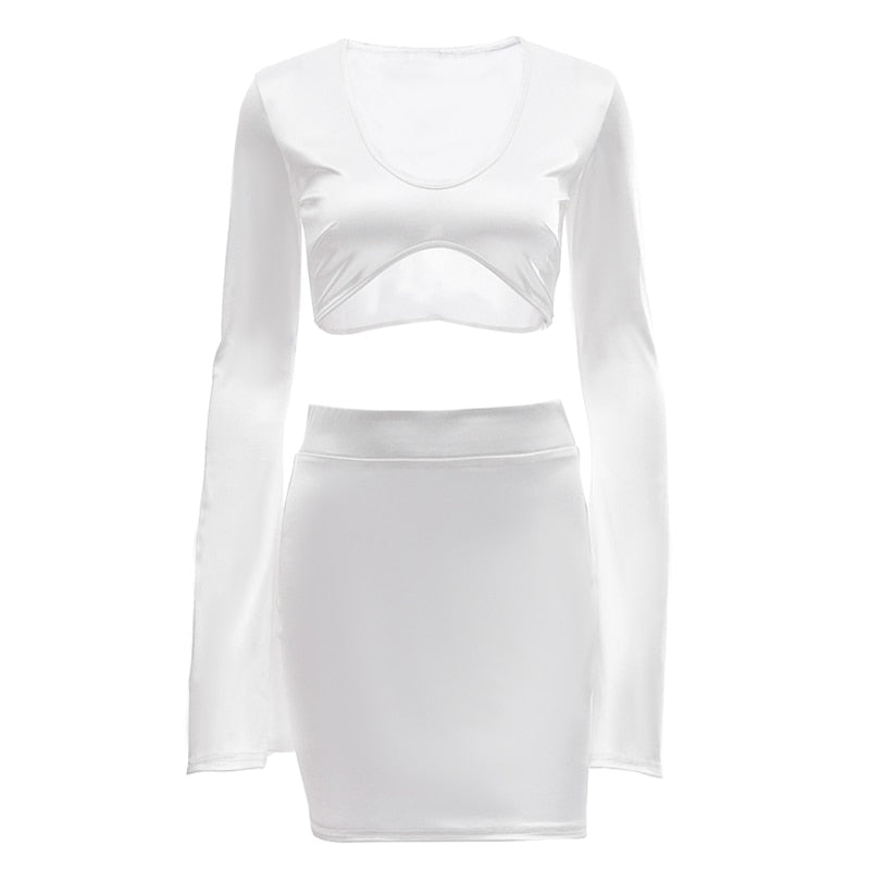 Sixsr Satin Flare Long Sleeve 2 Two Piece Matching Set Women Crop Top Skirt Autumn Winter Birthday Fashion Sexy Clothes