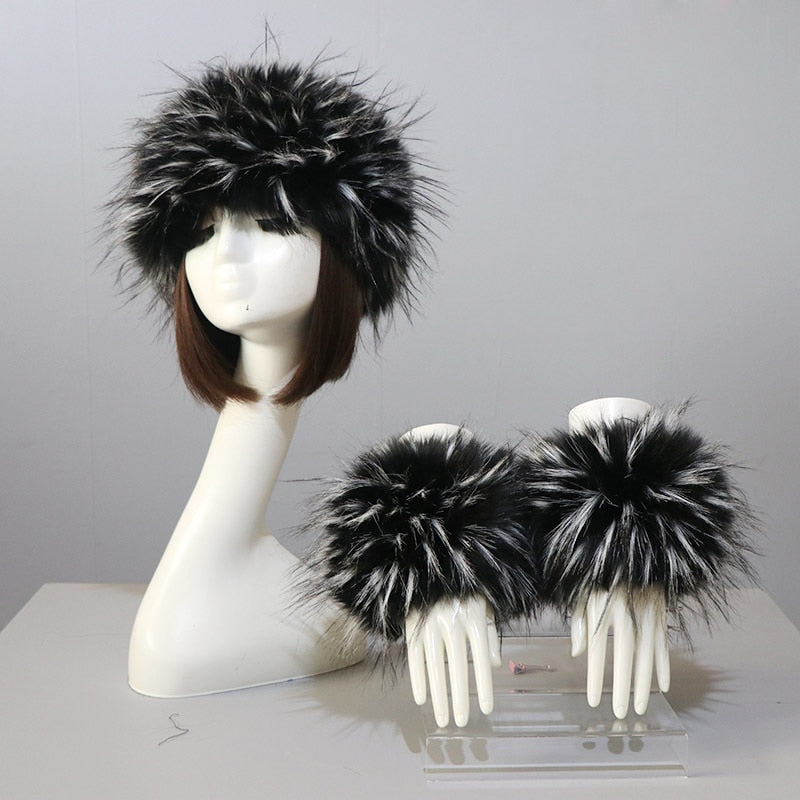 Sixsr New Autumn Winter Caps Female Hats Cuffs Set Fashion Warmth Imitation Quality Design Faux Fur Hat Fox Fur Sleeves Suit Accessary