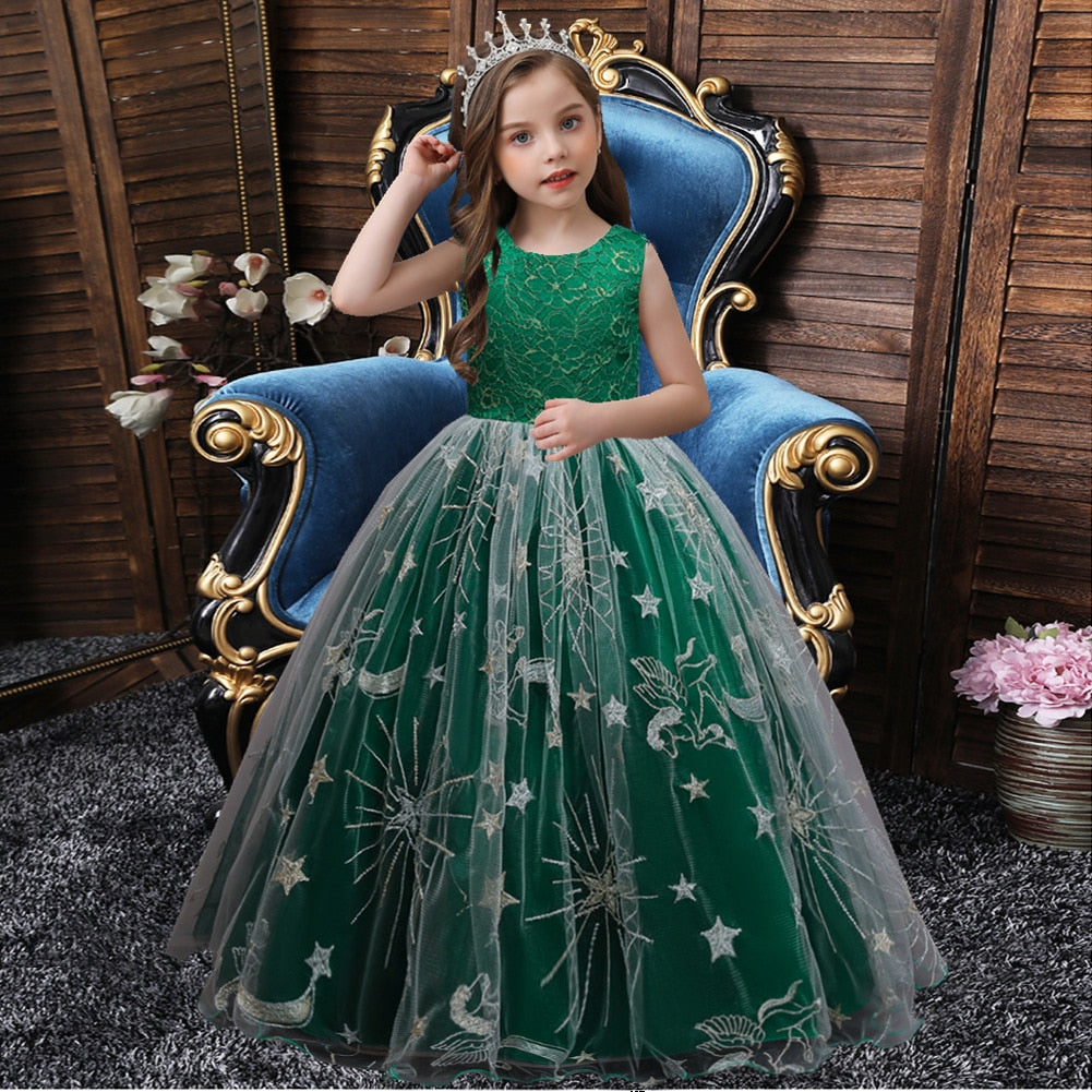 sixsr Summer Kids Princess Dress Girls Flower Embroidery Dress For Girls Vintage Wedding Party Formal Ball Gown Children Clothing