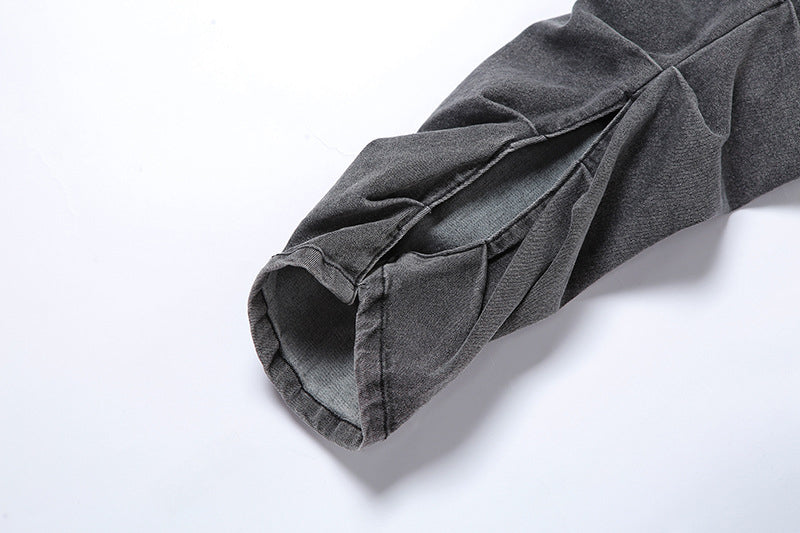 sixsr Grey Split Denim Stacked Pants Zip Up Baddie Style Streetwear Pencil Jeans For Women High Waist Bodycon Ruched Trousers