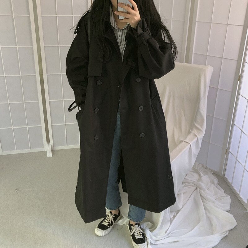 Sixsr Chic Women Trench Coat Casual Women's Long Outerwear Loose Overcoat Autumn Winter Fashion Double-breasted Windbreaker Femme