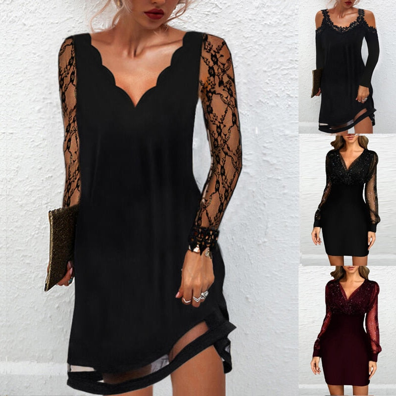 Sixsr Women's Sexy Dress Autumn Elegant Lace Long Sleeve Mesh Patchwork Dresses V-neck Sequins Party Dress Office Lady Bodycon Dress