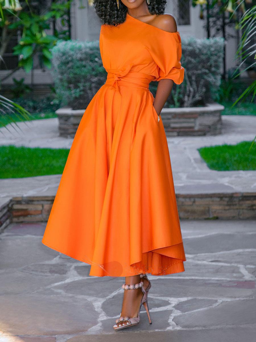 Sixsr Women Dress Bare Shoulder Waist Belt Long A Line Pleated Orange Casual Fashion Female Ladies Elegant New Autumn Summer Robes