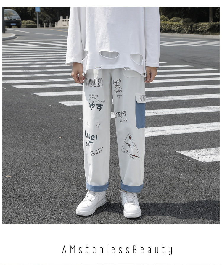 Straight Denim Jeans Men Graphic Printed Jeans 2024 Streetwear Jeans Man Wildleg Pants Hip Hop Korean Harajuku Fashion Pants