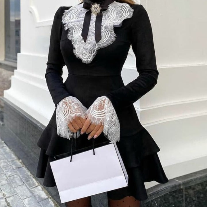 sixsr Fashion Trends Women Eyelash Lace Bell Sleeve Ruffles Dress Party Dress Elegant Fashion Dress