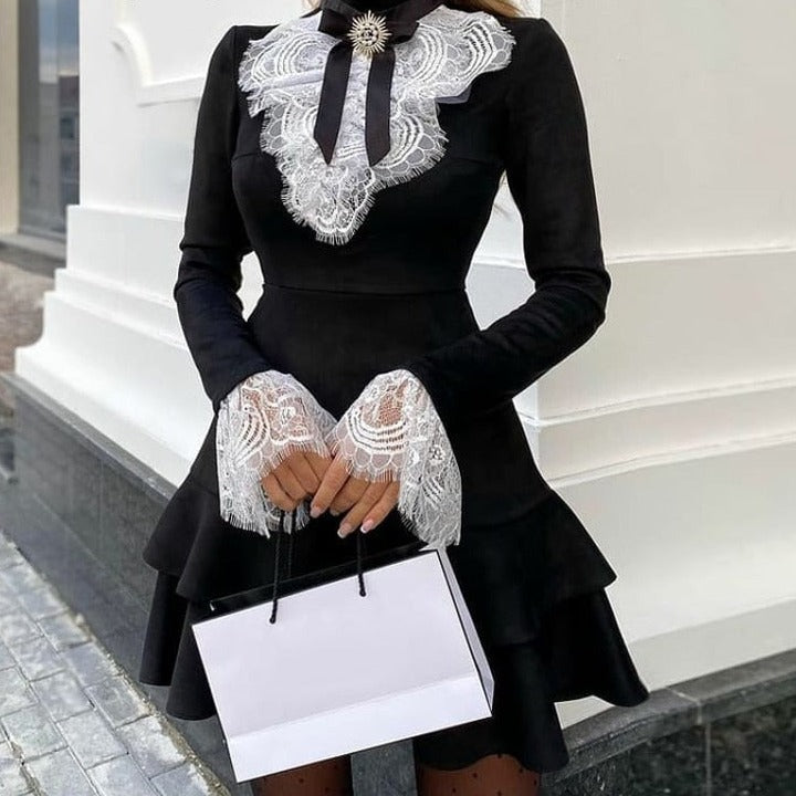 sixsr Women Eyelash Lace Bell Sleeve Ruffles Dress Party Dress Elegant Fashion Dress
