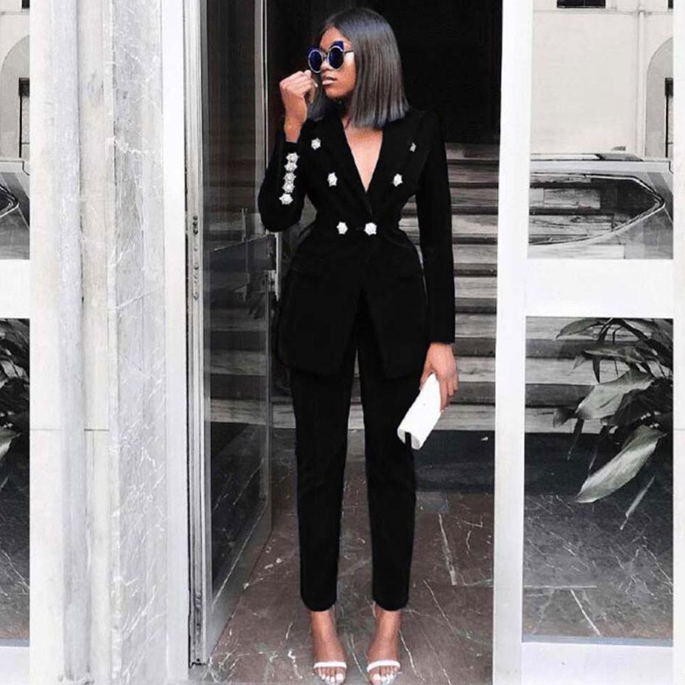 sixsr Summer Sets for Women New Navy Blue V Neck Long Sleeve Sexy 2 Piece Set Outfits High Quality Two Piece Set Suit
