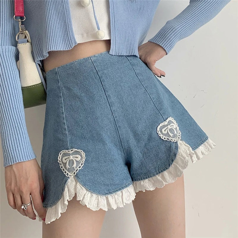 sixsr Summer Outfits  Trends Cute Lolita Girls Denim Shorts Japanese Sweet High Waist Lace Irregular Women's Shorts S-4XL Summer Kawaii Sexy Blue Shorts