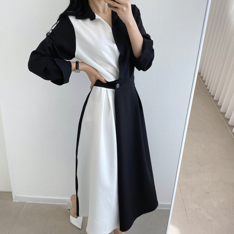 Sixsr Spring Autumn Retro Temperament Contrast Color Lapel Long-Sleeved Shirt Female Midi Dress Korean Elegant Fashion Slim Chic Dress