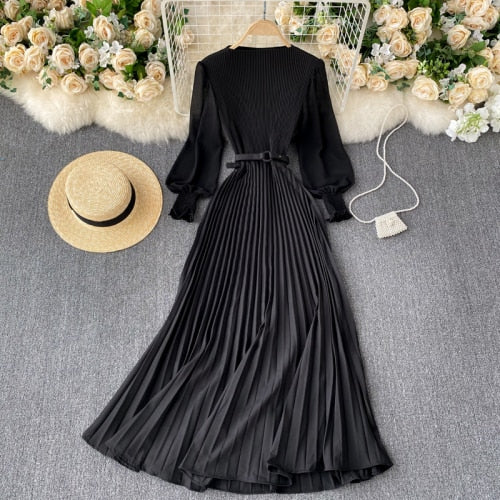 Sixsr Vintage Women Pleated Long Dress Female Elegant Lantern Long Sleeve High Waist Red/Purple Draped Maxi Vestidos Spring Autumn New