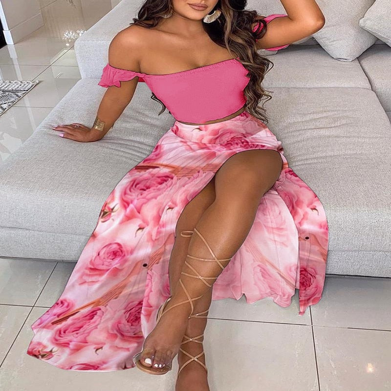 sixsr Off Shoulder Women Two Piece Set Sexy Slash Neck Top and Slit  Summer Long Party Dress Suits Spring Floral Print Skirts Sets