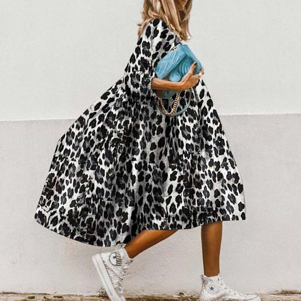 Sixsr Autumn women's Middle Sleeve Casual Style Polyester New Round Neck Middle Waist Pullover Large Swing Printed A-line Dress