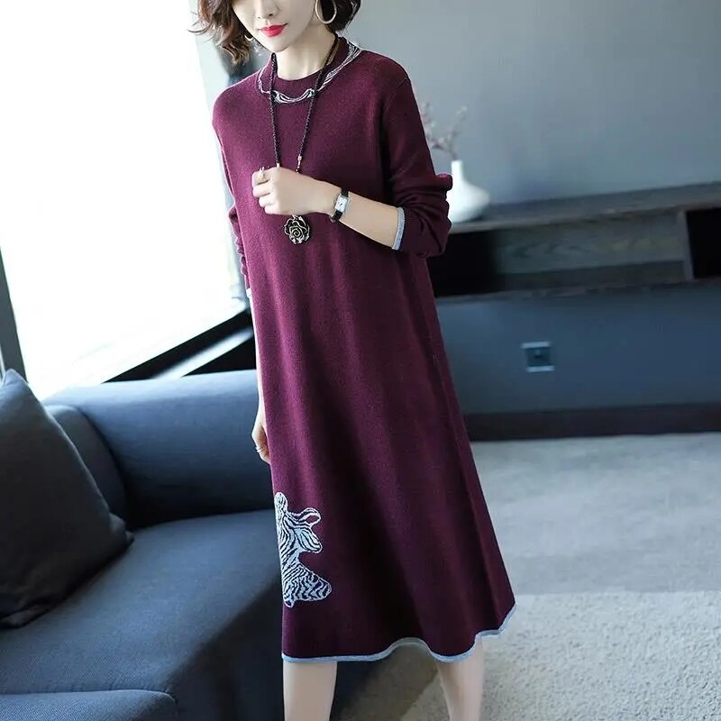 sixsr Trends high quality New Year Women's Autumn/Winter Long Sleeve Knitted Wool Dress Loose High Collar Knee-Length Dress Slim Casual Dress Party Dress