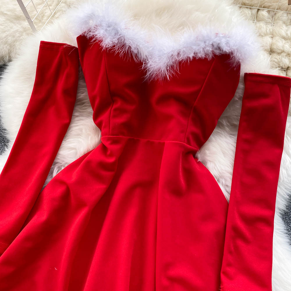 Sixsr Gifts For Women Elegant Dress For New Year Strapless Backless Furry Sexy Short Mini Christmas Dress Navidad Red Party Dress Femme