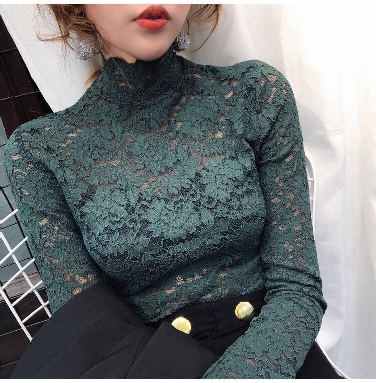 Sixsr gifts for women Plus Size Women Lace Blouses Shirts Sexy Hollow Out Long Sleeve Solid Blouse Lady Elegant Floral Embroidery Elastic Shirt Tops