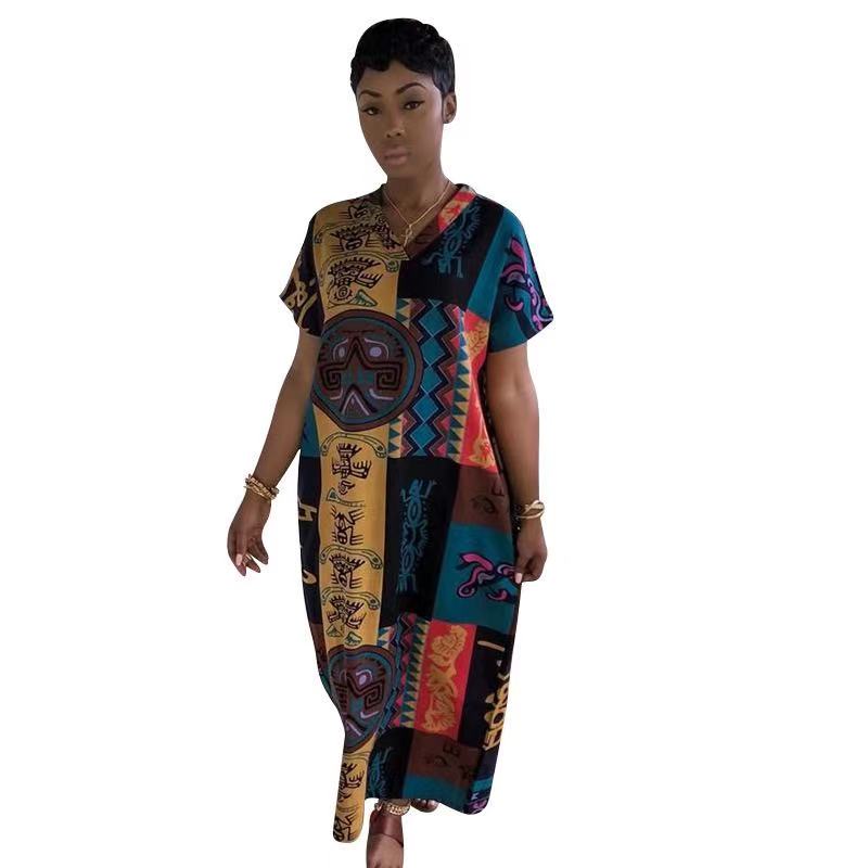 Sixsr New Design Vintage Pattern Short Sleeve Kaftan Women Maxi Dress Africa Clothing