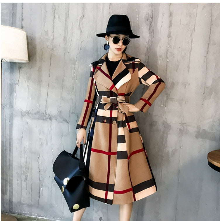Sixsr  Thickened autumn and winter new women's lapels in the long simple color matching retro plaid coat temperament windbreaker