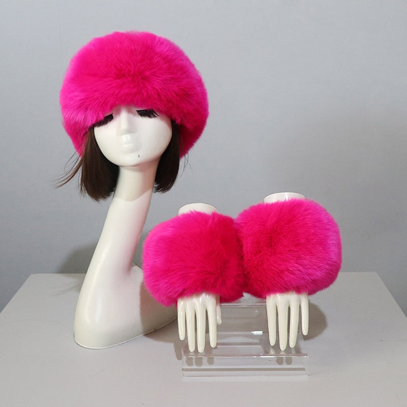 Sixsr New Autumn Winter Caps Female Hats Cuffs Set Fashion Warmth Imitation Quality Design Faux Fur Hat Fox Fur Sleeves Suit Accessary
