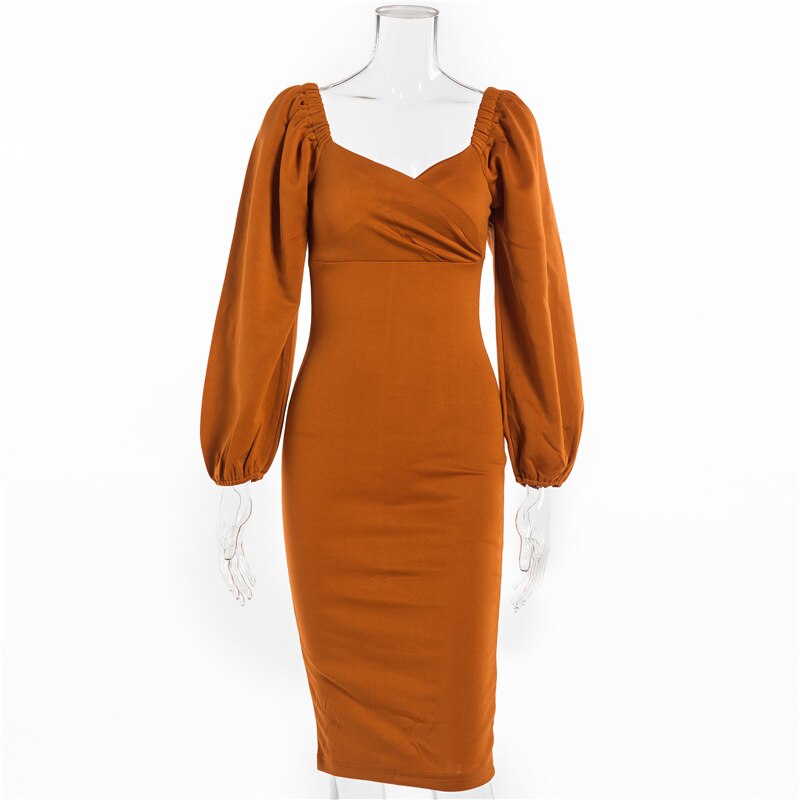 sixsr Midi Night Dress Women Long Puff Sleeve A-LINE Ruffled Backless Bodycon Sexy Dress Autumn Winter Elegant Office Lady Prom