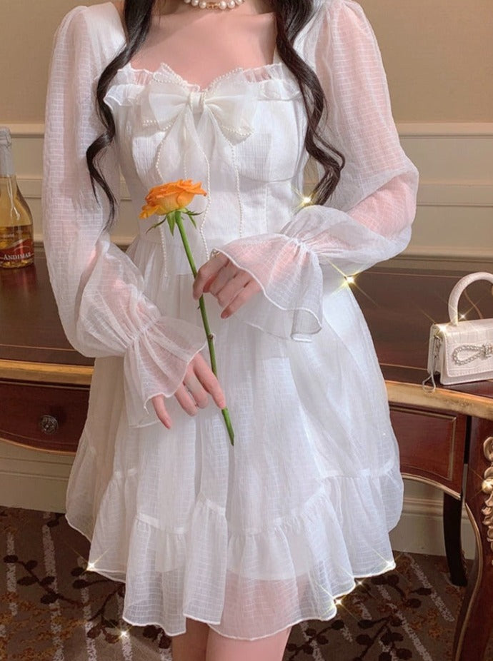 French Sweet Fairy Lolita Dress Women Long Sleeve Lace Y2k Mini Dress Vintage Kawaii Clothes One Piece Dress Korean Autumn
