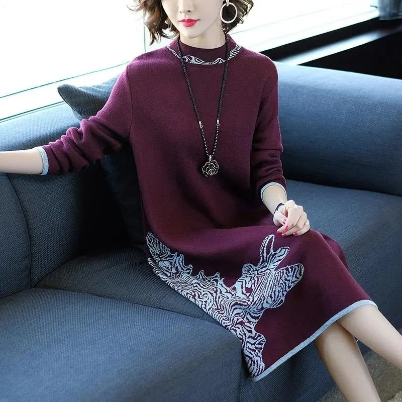 sixsr Trends high quality New Year Women's Autumn/Winter Long Sleeve Knitted Wool Dress Loose High Collar Knee-Length Dress Slim Casual Dress Party Dress
