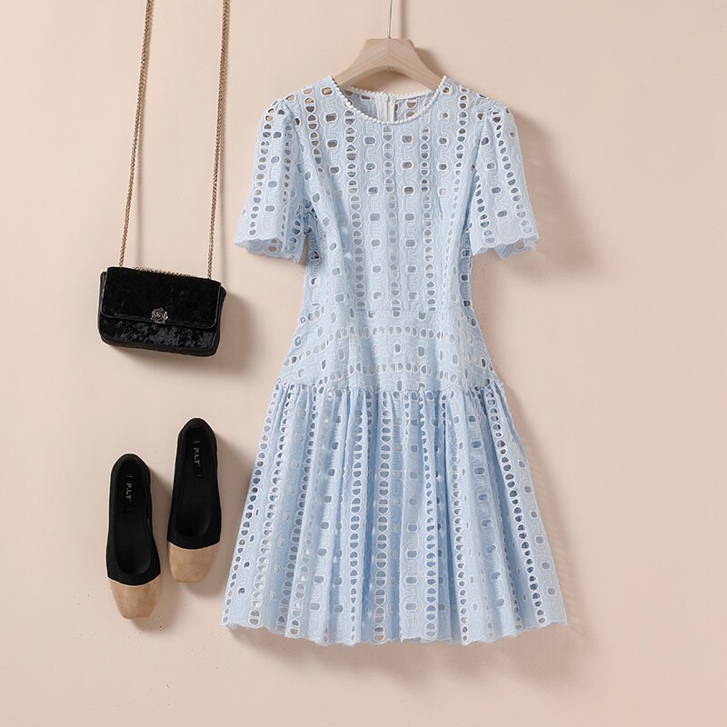 sixsr Summer Outfits High Quality Summer Hollow White Lace Two-Piece Dress Zomerjurk Dames High-Waisted Women Party Dress Vestidos De Verano N