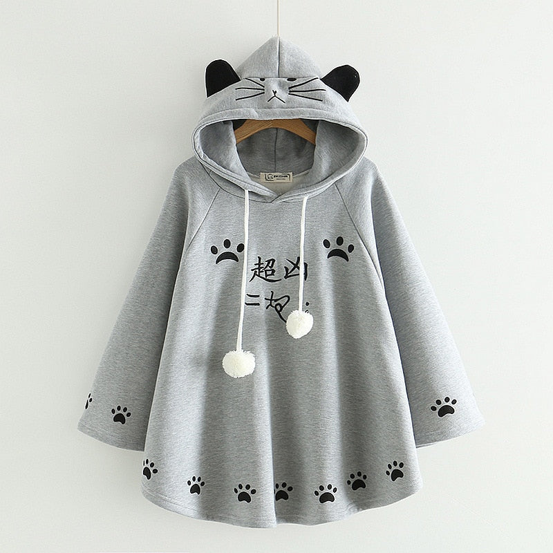 Sixsr Lolita Cloak Harajuku Hoody Cloak Japanese Angry Cat Christmas Deer Fleece Cape Loose Pullover Batwing Sleeve Hoodie Coat