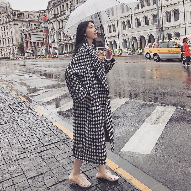 Sixsr Retro Long Sleeve Lady Houndstooth Outwear Lapel New Casual Loose Coat Autumn Fashion Overcoat Jacket Streetwear Coat