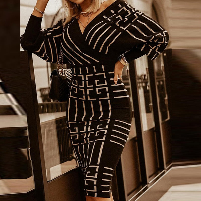 Sixsr Women Deep V-Neck Striped Plaid Party Dress Long Sleeve Spring Autumn Casual Ladies Hip Dress Skinny Sweet Streetwear Vestidos
