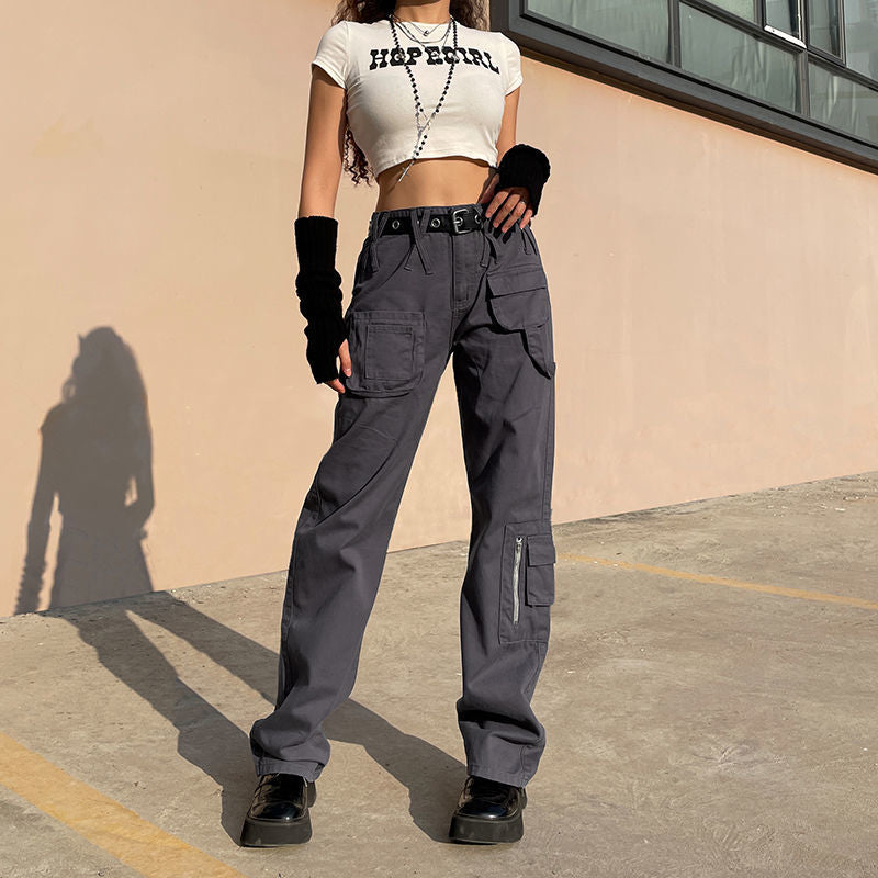 Sixsr Vintage Streetwear Cargo Pants Women Harajuku Street Loose Straight Women Jeans Casual Slim Versatile High Waisted Jeans Pants