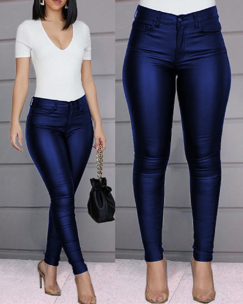 Sixsr PU Leather Pants Women High Waist Button Zipper Slim Push Up Woman Pencil Pants Casual Pockets Blue Skinny Women Pants Plus Size