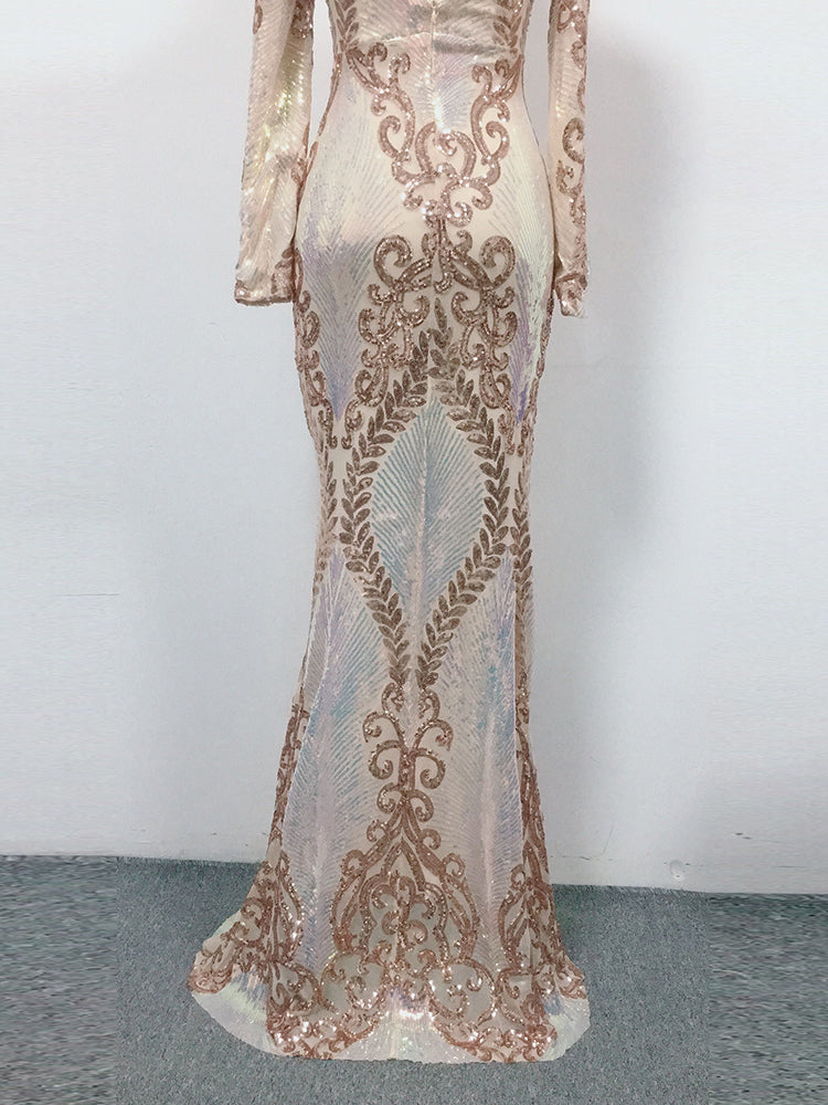 sixsr Hot Sale O-neck Long-Sleeve Shinning Sequins Evening Dresses Sexy Backless Mermaid Party Gowns Maxi Elegant Multi Female Robes vestidos