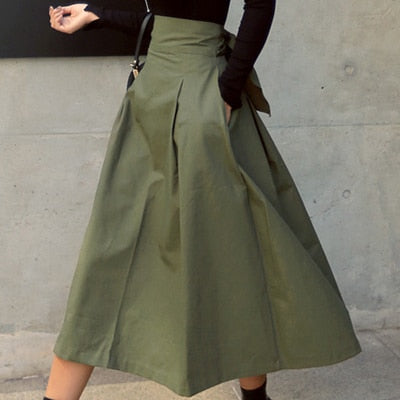Sixsr Spring Outfits Trends Skirts Womens Korean Fashion Solid Color Big Swing Ladies Skirt Long Skirt Autumn Wild High Waist Bow Slim Skirts